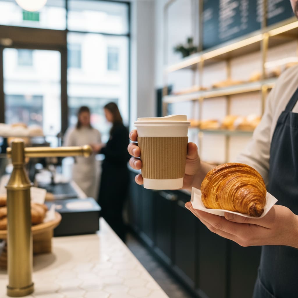 Kaffee und Croissant zum Mitnehmen bei Asflis French Bakery